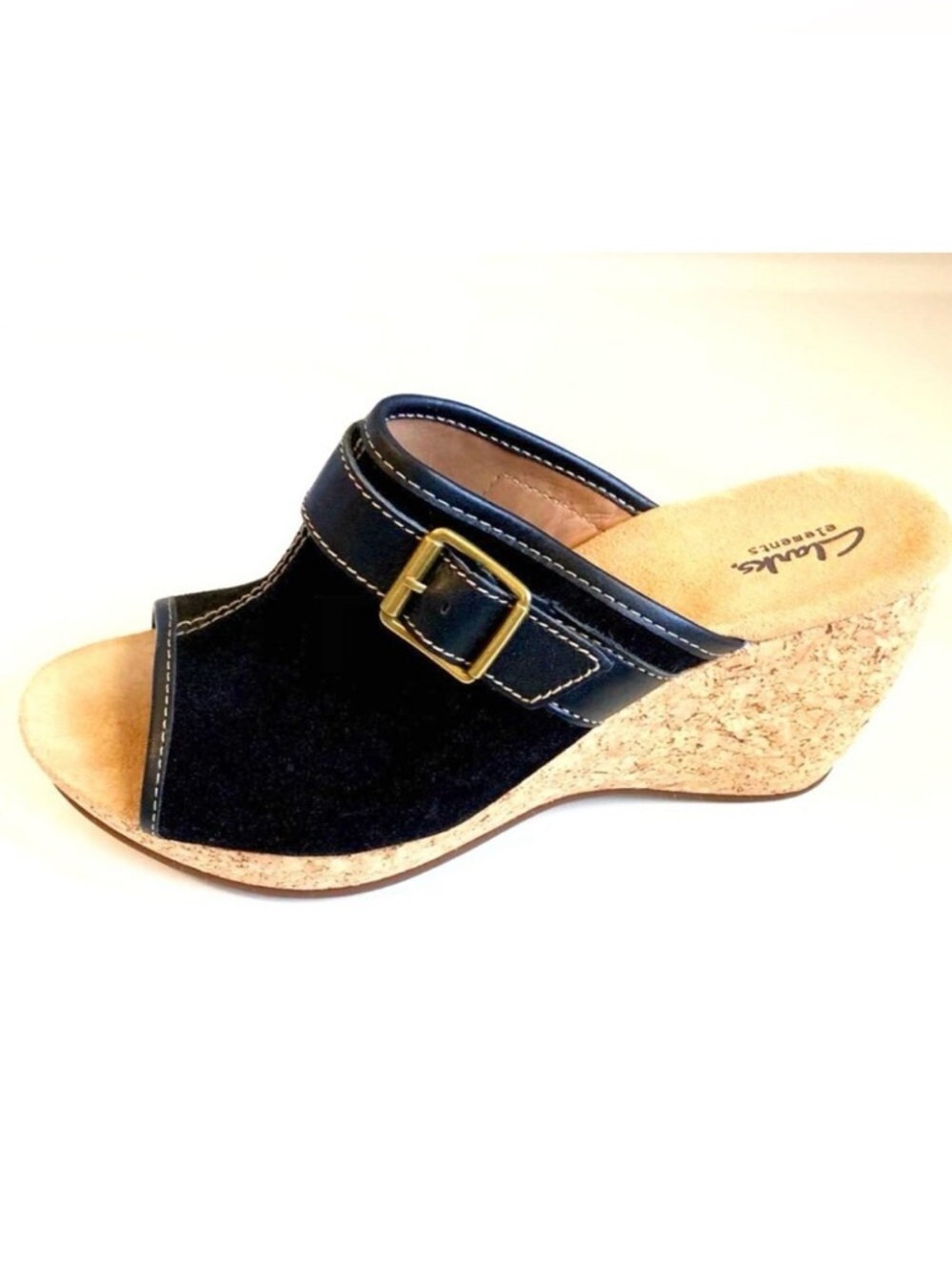 New CLARKS Artisan Black Suede Cork Wedge Open-toe Mule 11